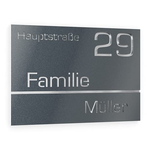 Graviers Design Hausnummer aus V2A Edelstahl 215x150mm - Anthrazit Metallic - Wetterfest Rostfrei Individuell anpassbar Straße Nummer Familienname - Made in Germany von Graviers Design