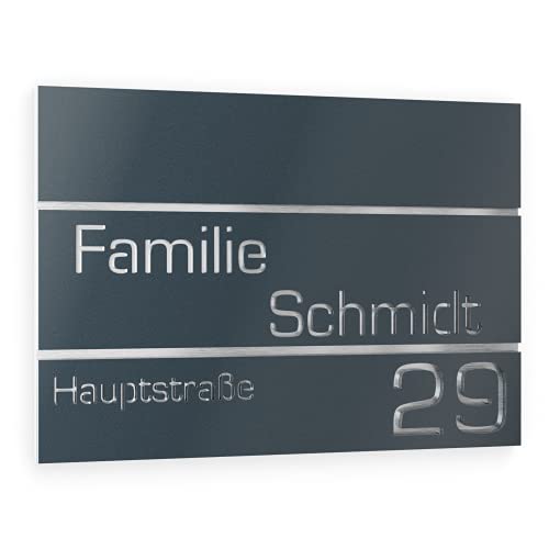 Graviers Design Hausnummer aus V2A Edelstahl 215x150mm - Anthrazit RAL 7016 - Rostfrei UV-beständig Individuell anpassbar Straße Nummer Familie Name - Made in Germany von Graviers Design