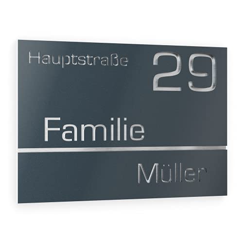 Graviers Design Hausnummer aus V2A Edelstahl 215x150mm - Anthrazit RAL 7016 - Wetterfest Rostfrei Individuell anpassbar Straße Nummer Familienname - Made in Germany von Graviers Design