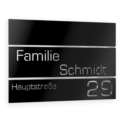 Graviers Design Hausnummer aus V2A Edelstahl 215x150mm - Schwarz - Rostfrei UV-beständig Individuell anpassbar Straße Nummer Familie Name - Made in Germany von Graviers Design