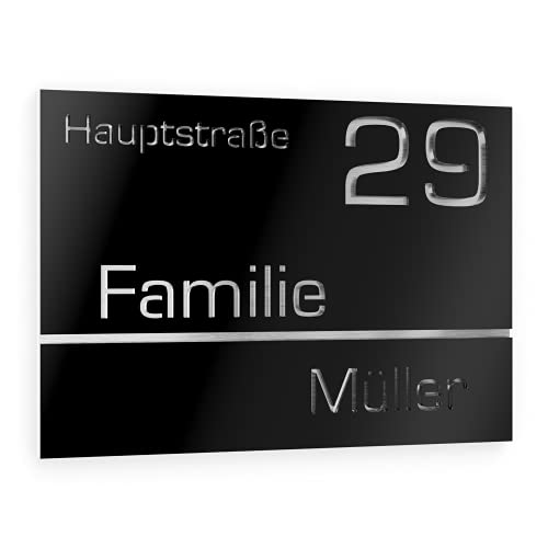 Graviers Design Hausnummer aus V2A Edelstahl 215x150mm - Schwarz - Wetterfest Rostfrei Individuell anpassbar Straße Nummer Familienname - Made in Germany von Graviers Design