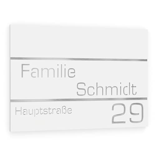 Graviers Design Hausnummer aus V2A Edelstahl 215x150mm - Weiß - Rostfrei UV-beständig Individuell anpassbar Straße Nummer Familie Name - Made in Germany von Graviers Design