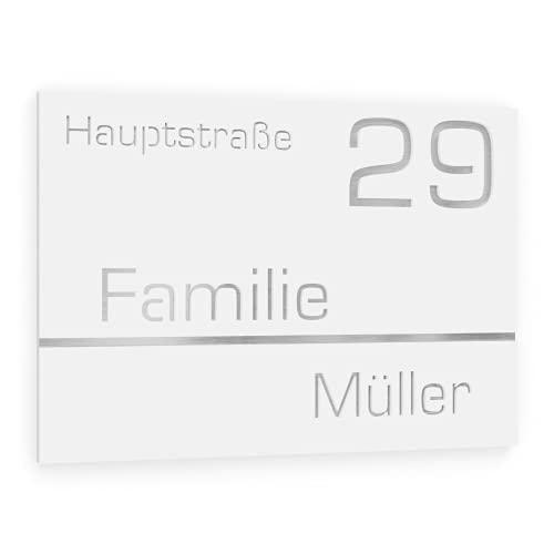 Graviers Design Hausnummer aus V2A Edelstahl 215x150mm - Weiß - Wetterfest Rostfrei Individuell anpassbar Straße Nummer Familienname - Made in Germany von Graviers Design