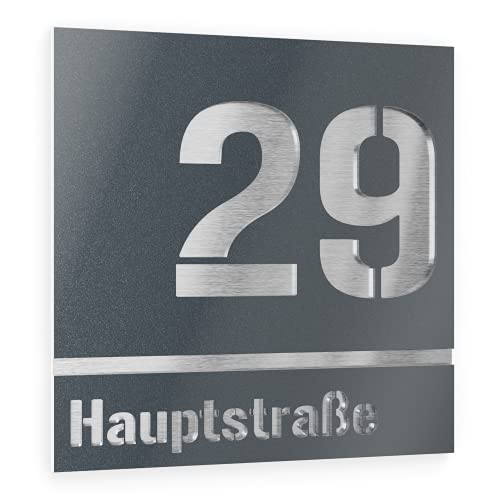 Graviers Design Hausnummer aus V2A Edelstahl 230x230mm - Anthrazit Metallic - Wetterfest Rostfrei Individuell anpassbar nach eigener Nummer Straße - Made in Germany von Graviers Design