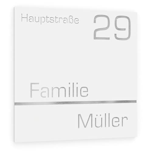 Graviers Design Hausnummer aus V2A Edelstahl 230x230mm - Weiß - Wetterfest Rostfrei Individuell anpassbar Straße Nummer Familienname - Made in Germany von Graviers Design
