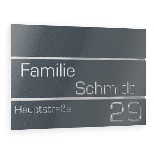 Graviers Design Hausnummer aus V2A Edelstahl 250x175mm - Anthrazit Metallic - Rostfrei UV-beständig Individuell anpassbar Straße Nummer Familie Name - Made in Germany von Graviers Design