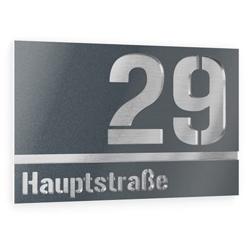 Graviers Design Hausnummer aus V2A Edelstahl 250x175mm - Anthrazit Metallic - Wetterfest Rostfrei Individuell anpassbar nach eigener Nummer Straße - Made in Germany von Graviers Design