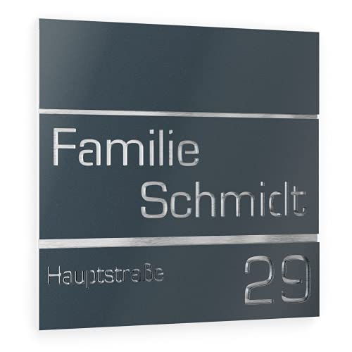 Graviers Design Hausnummer aus V2A Edelstahl 380x380mm - Anthrazit RAL 7016 - Rostfrei UV-beständig Individuell anpassbar Straße Nummer Familie Name - Made in Germany von Graviers Design