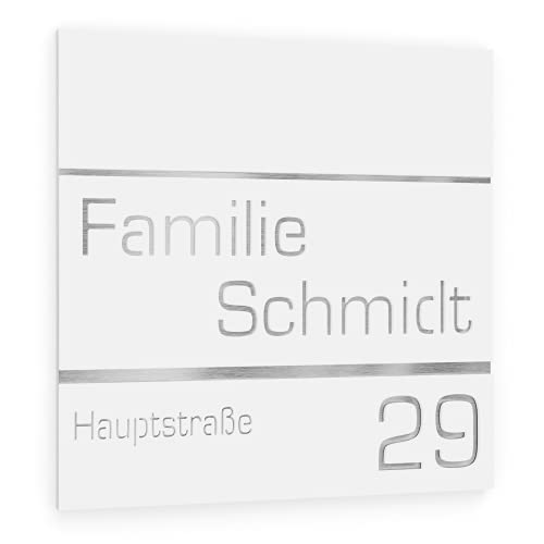 Graviers Design Hausnummer aus V2A Edelstahl 380x380mm - Weiß - Rostfrei UV-beständig Individuell anpassbar Straße Nummer Familie Name - Made in Germany von Graviers Design