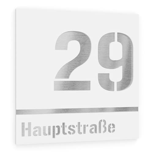 Graviers Design Hausnummer aus V2A Edelstahl 380x380mm - Weiß - Wetterfest Rostfrei Individuell anpassbar nach eigener Nummer Straße - Made in Germany von Graviers Design
