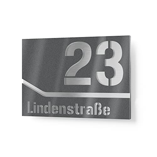 Graviers Design Hausnummernschild aus V2A Edelstahl 160x110 - Anthrazit Metallic - Wetterfest Rostfrei Individuell anpassbar mit eigener Nummer Straße - Made in Germany von Graviers Design