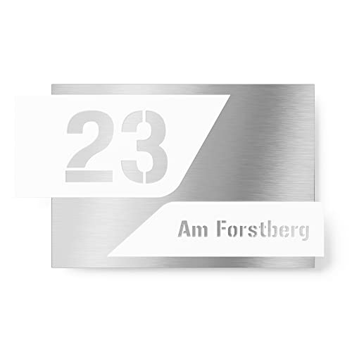 Graviers Design Hausnummernschild aus V2A Edelstahl 215x150 - Weiß - zweiteilig mit 3D Effekt Wetterfest Rostfrei Individuell anpassbar mit eigener Nummer Straße - Made in Germany von Graviers Design