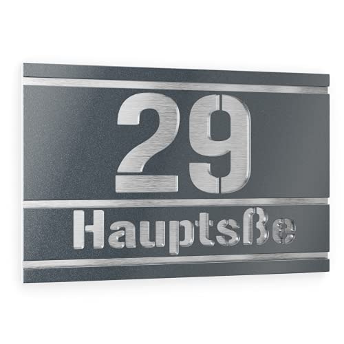 Graviers Design Hausnummernschild aus V2A Edelstahl 250x175mm - Anthrazit Metallic - Wetterfest Rostfrei Individuell anpassbar nach eigener Nummer Straße - Made in Germany von Graviers Design
