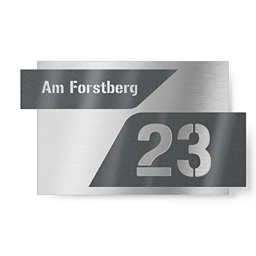 Graviers Design Hausnummernschild aus V2A Edelstahl 380x264 - Anthrazit Metallic - zweiteilig mit 3D Effekt Wetterfest Rostfrei Individuell anpassbar mit eigener Straße Nummer - Made in Germany von Graviers Design