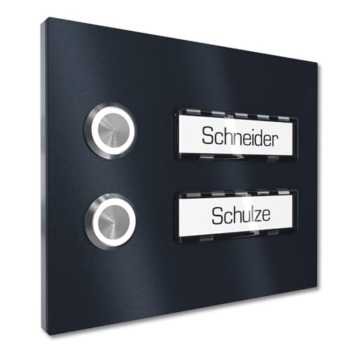 Graviers Design Mehrfamilien Aufputz Türklingel mit LED Klingeltaster 2 Namensschilder - V2A Edelstahl Klingel 140x115 mm Pulverbeschichtet RAL 7016 - Name Beleuchtung wählbar Zweifamilienhaus von Graviers Design