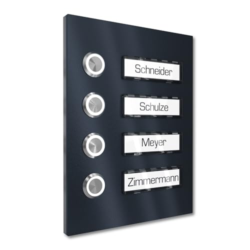 Graviers Design Mehrfamilien Aufputz Türklingel mit LED Klingeltaster 4 Namensschilder - V2A Edelstahl Klingel 140x185 mm Pulverbeschichtet RAL 7016 - Name Beleuchtung wählbar Mehrfamilienhaus von Graviers Design