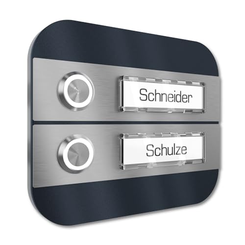 Graviers Design Mehrfamilien Aufputz Türklingel mit LED Taster 2 Namensschilder - V2A Edelstahl Klingel 140x115 mm Pulverbeschichtet RAL 7016 - Name Beleuchtung wählbar für Zweifamilienhaus von Graviers Design