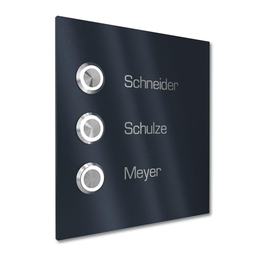 Graviers Design Mehrfamilien Türklingel mit LED Klingeltaster 3 Namen Gravur - V2A Edelstahl Klingel 140x150 mm Pulverbeschichtet RAL 7016 - Unterputz wählbar Aufputz für Haustür Mehrfamilienhaus von Graviers Design