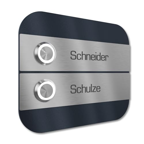 Graviers Design Mehrfamilien Türklingel mit LED Taster 2 Namen Gravur - V2A Edelstahl Klingel 140x115 mm Pulverbeschichtet RAL 7016 - Unterputz wählbar Aufputz für Haustür Zweifamilienhaus von Graviers Design