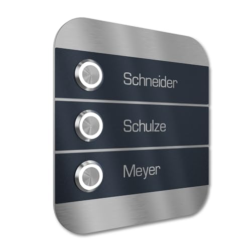 Graviers Design Mehrfamilien Türklingel mit LED Taster 3 Namen Gravur - V2A Edelstahl Klingel 140x150 mm - Unterputz wählbar Aufputz für Haustür Mehrfamilienhaus von Graviers Design