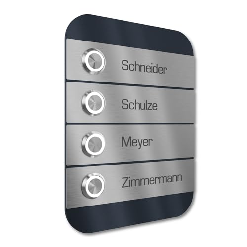 Graviers Design Mehrfamilien Türklingel mit LED Taster 4 Namen Gravur - V2A Edelstahl Klingel 140x185 mm Pulverbeschichtet RAL 7016 - Unterputz wählbar Aufputz für Haustür Mehrfamilienhaus von Graviers Design