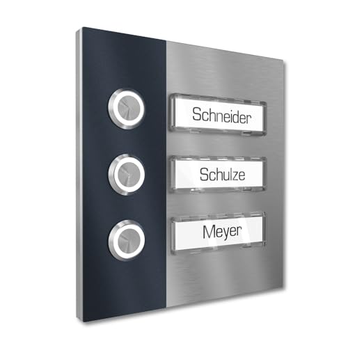 Graviers Design Mehrfamilienhaus Aufputz Klingel 3 Namensschilder austauschbar - V2A Edelstahl Türklingel 140x150 mm - LED Klingeltaster Namensschild Beleuchtung wählbar für Haustür von Graviers Design