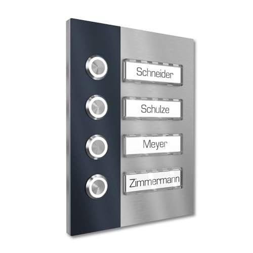Graviers Design Mehrfamilienhaus Aufputz Klingel 4 Namensschilder austauschbar - V2A Edelstahl Türklingel 140x185 mm - LED Klingeltaster Namensschild Beleuchtung wählbar für Haustür von Graviers Design