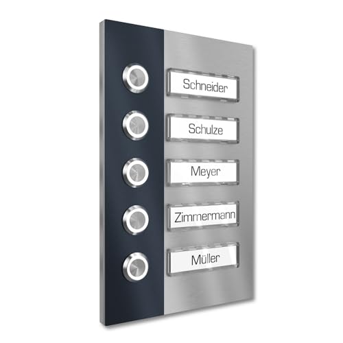 Graviers Design Mehrfamilienhaus Aufputz Klingel 5 Namensschilder austauschbar - V2A Edelstahl Türklingel 140x220 mm - LED Klingeltaster Namensschild Beleuchtung wählbar für Haustür von Graviers Design