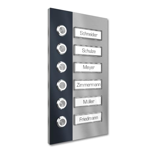 Graviers Design Mehrfamilienhaus Aufputz Klingel 6 Namensschilder austauschbar - V2A Edelstahl Türklingel 140x255 mm - LED Klingeltaster Namensschild Beleuchtung wählbar für Haustür von Graviers Design