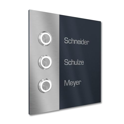Graviers Design Mehrfamilienhaus Klingel mit LED Klingeltaster 3 Namen Gravur - V2A Edelstahl Türklingel 140x150 mm Pulverbeschichtet RAL 7016 - Unterputz wählbar Aufputz für Haustür 3-fach von Graviers Design