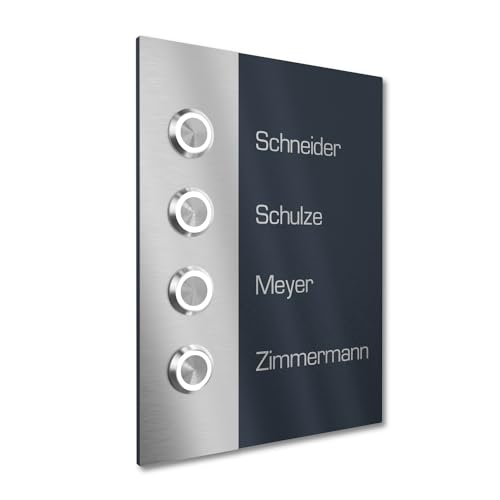 Graviers Design Mehrfamilienhaus Klingel mit LED Klingeltaster 4 Namen Gravur - V2A Edelstahl Türklingel 140x185 mm Pulverbeschichtet RAL 7016 - Unterputz wählbar Aufputz für Haustür 4-fach von Graviers Design