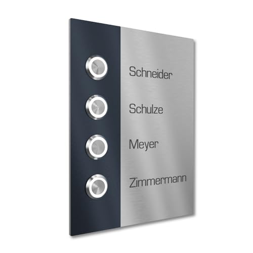 Graviers Design Mehrfamilienhaus Klingel mit LED Klingeltaster 4 Namen Gravur - V2A Edelstahl Türklingel 140x185 mm - Unterputz wählbar Aufputz für Haustür 4-fach von Graviers Design