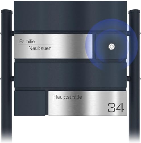 Graviers Design Moderner Briefkasten mit Funkklingel in Anthrazit RAL 7016 - Lasergravur Postkasten personalisiert Edelstahl Name Straße Hausnummer - Standbriefkasten mit Schloss Design 1 von Graviers Design