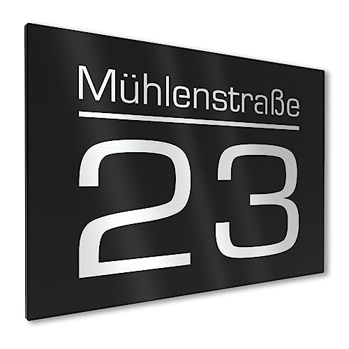 Graviers Design Modernes Hausnummernschild mit Gravur aus Aluminium Verbindungsplatte 250x175mm - Schwarz - Wetterfest Rostfrei Individuell anpassbar Straße Nummer - Made in Germany von Graviers Design