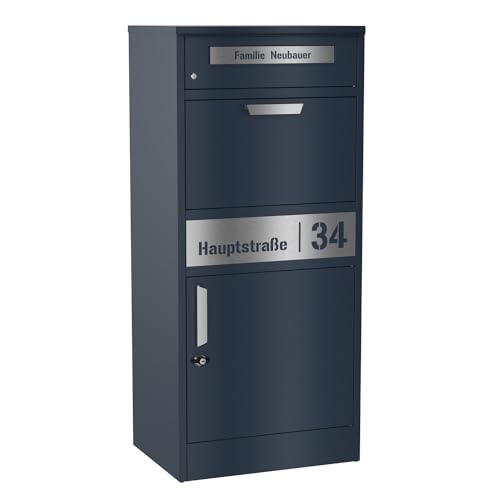 Graviers Design Paketbriefkasten mit Brieffach personalisiert freistehend - Edelstahl Namensschild Hausnummer Laserschnitt Gravur - pulverbeschichteter Briefkasten Postbox Paketbox Design 1 von Graviers Design
