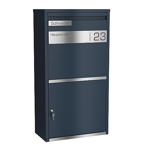Graviers Design Paketbriefkasten personalisiert freistehend - pulverbeschichteter Stahl mit Edelstahl Namensschild Gravur - Briefkasten Rückholsperre Postbox für Pakete Briefe Paketbox Design 1 von Graviers Design