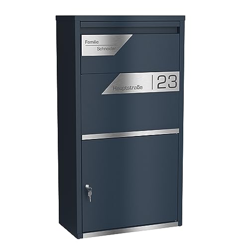 Graviers Design Paketbriefkasten personalisiert freistehend - pulverbeschichteter Stahl mit Edelstahl Namensschild Gravur - Briefkasten Rückholsperre Postbox für Pakete Briefe Paketbox Design 5 von Graviers Design