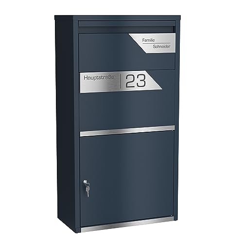 Graviers Design Paketbriefkasten personalisiert freistehend - pulverbeschichteter Stahl mit Edelstahl Namensschild Gravur - Briefkasten Rückholsperre Postbox für Pakete Briefe Paketbox Design 6 von Graviers Design