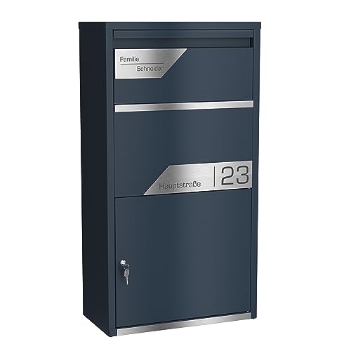 Graviers Design Paketbriefkasten personalisiert freistehend - pulverbeschichteter Stahl mit Edelstahl Namensschild Gravur - Briefkasten Rückholsperre Postbox für Pakete Briefe Paketbox Design 7 von Graviers Design