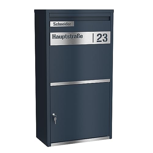 Graviers Design Paketbriefkasten personalisiert freistehend - pulverbeschichteter Stahl mit Edelstahl Namensschild Gravur Schnitt - Briefkasten Rückholsperre Postbox für Pakete Paketbox Design 1 von Graviers Design