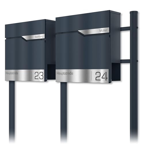 Graviers Design Standbriefkasten mit Zeitungsfach in Anthrazit RAL 7016 für 2er Mehrfamilienhaus - Briefkasten personalisierbar Edelstahl - Wandbriefkasten Briefbox mit Schloss von Graviers Design