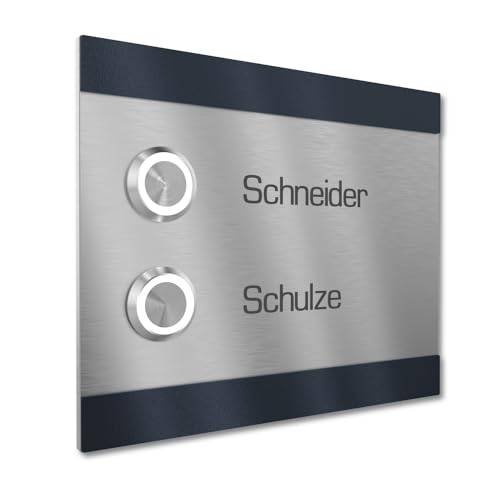 Graviers Design Türklingel für Mehrfamilienhaus 2 Namen Gravur - V2A Edelstahl Klingel 140x115 mm Pulverbeschichtet RAL 7016 - LED Taster Unterputz wählbar Aufputz für Haustür 2-fach von Graviers Design