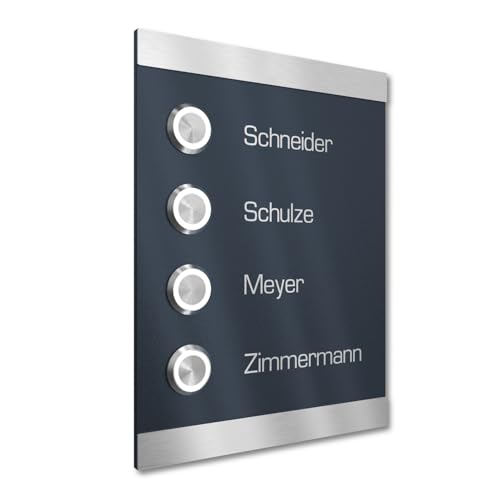 Graviers Design Türklingel für Mehrfamilienhaus 4 Namen Gravur - V2A Edelstahl Klingel 140x185 mm - LED Taster Unterputz wählbar Aufputz für Haustür 4-fach von Graviers Design