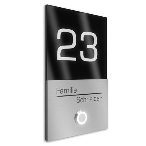 Graviers Design V2A Edelstahl Türklingel mit Hausnummer Namen Gravur - Klingelschild 110x180mm LED-Taster Klingelplatte modernes Design aus Edelstahl Acryl Schwarz Graviers Design V2A Edelstahl Türklingel mit Hausnummer Namen Gravur - Klingelschild 110x180mm LED-Taster Klingelplatte modernes Design aus Edelstahl Acryl Schwarz von Graviers Design