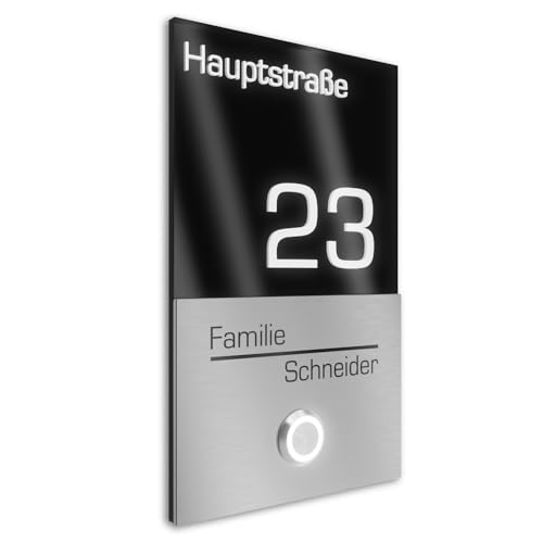 Graviers Design V2A Edelstahl Türklingel mit Hausnummer Straße Namen Gravur - Klingelschild 110x180mm LED-Taster Klingelplatte modernes Design aus Edelstahl Acryl Schwarz Graviers Design V2A Edelstahl Türklingel mit Hausnummer Straße Namen Gravur - Klingelschild 110x180mm LED-Taster Klingelplatte modernes Design aus Edelstahl Acryl Schwarz von Graviers Design