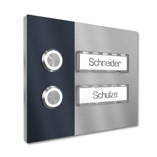 Graviers Design Zweifamilienhaus Aufputz Klingel 2 Namensschilder austauschbar - V2A Edelstahl Türklingel 140x115 mm - LED Klingeltaster Namensschild Beleuchtung wählbar für Haustür von Graviers Design