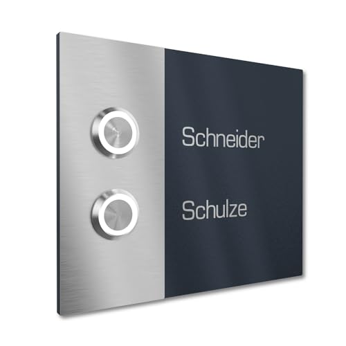 Graviers Design Zweifamilienhaus Klingel mit LED Klingeltaster 2 Namen Gravur - V2A Edelstahl Türklingel 140x115 mm Pulverbeschichtet RAL 7016 - Unterputz wählbar Aufputz für Haustür 2-fach von Graviers Design
