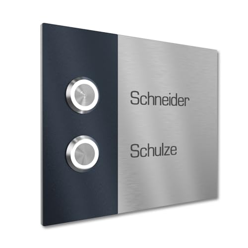 Graviers Design Zweifamilienhaus Klingel mit LED Klingeltaster 2 Namen Gravur - V2A Edelstahl Türklingel 140x115 mm - Unterputz wählbar Aufputz für Mehrfamilienhaus 2-fach von Graviers Design