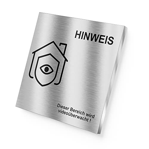 Graviers Hinweisschild aus rostfreiem Edelstahl mit Gravur in Edelstahl - Dieser Bereich wird videoüberwacht Warnschild für Videoüberwachung Kameraüberwachung - selbstklebend oder Bohrlöcher von Graviers Design