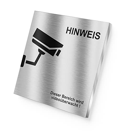 Graviers Hinweisschild aus rostfreiem Edelstahl mit Gravur in Edelstahl - Dieser Bereich wird videoüberwacht Warnschild für Videoüberwachung Kameraüberwachung - selbstklebend oder Bohrlöcher von Graviers Design